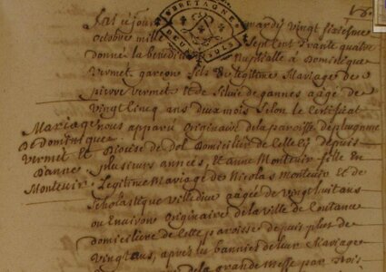 actes genealogie, mariage dominique vromet  et a moncuir