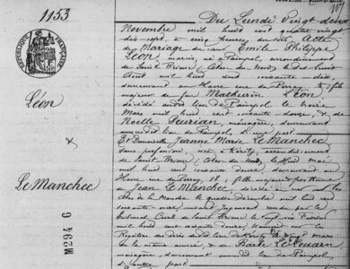 actes genealogie, mariage Emile Leon le manchec