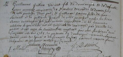 actes genealogie, mariage guillaume vromet et julienne coeuru