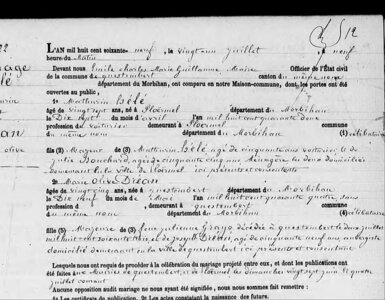 actes genealogie, mariage mathurin Hélé et marie olivee dréan