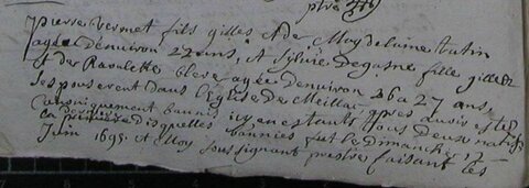 actes genealogie, mariage pierre vermet et degasne