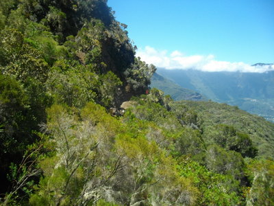 TOUR DU PITON DES NEIGES, 2ème ETAPE : LA ROCHE MERVEILLEUSE (Cilaos) - MARLA (Mafate) : 5 h 30 de marche, 1055 m  , 860 m - ; P3, T1 (très court passage T2). Météo : beau temps. Participant : Marcel., Un peu avant se trouve le passage le plus délicat de la montée : une ravine étroite et exposée à traverser sur une vingtaine de mètres, passage protégé par un câble.
