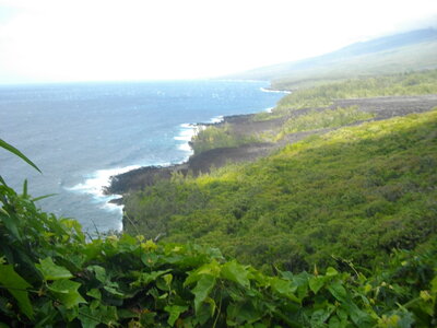 CÔTES SUD ET EST DE LA REUNION 16 10 14 : parcourues en partie à VTT entre St Philippe et Ste Rose ( 54 km, 3 h 32 à 15 km/h de moyenne, 455 m de dénivelé positif, parcours facile). Météo : beau à nuageux, fort vent de secteur sud. Participant : Marcel. , Vue vers la côte du Grand Brûlé depuis le Ravin de la Mare
