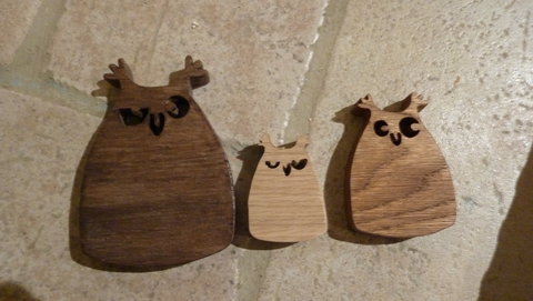 Objets en bois, chouettes