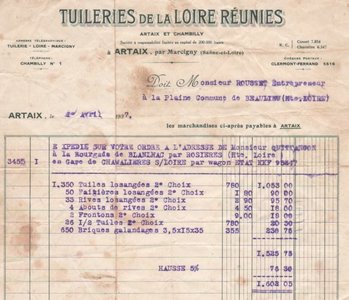Généalogie-Barry-Quittançon, commande tuiles-1937