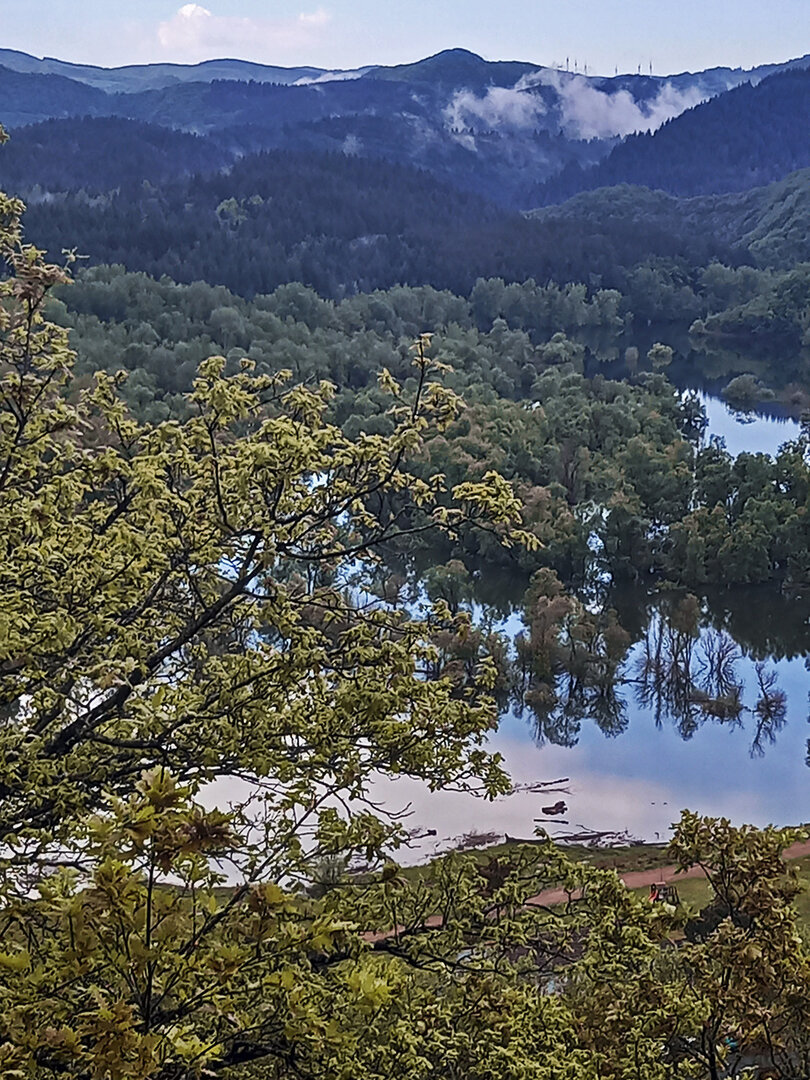 Vu de haut en bas, un lac débordant de ses berges au milieu des montagnes.
Au premier plan à gauche les branches d'un chêne proche de l'opérateur, en bas la partie proche du lac au milieu duquel émergent des arbres en partie submergés. Au loin les pentes des montagnes couvertes de forêts, des nuages masquant ça et là, partiellement, les plus lointaines. Tout en haut de la photo un ciel clair ou on distingue un nuage évanescent à gauche au dessus des sommets arrondis les plus lointains.