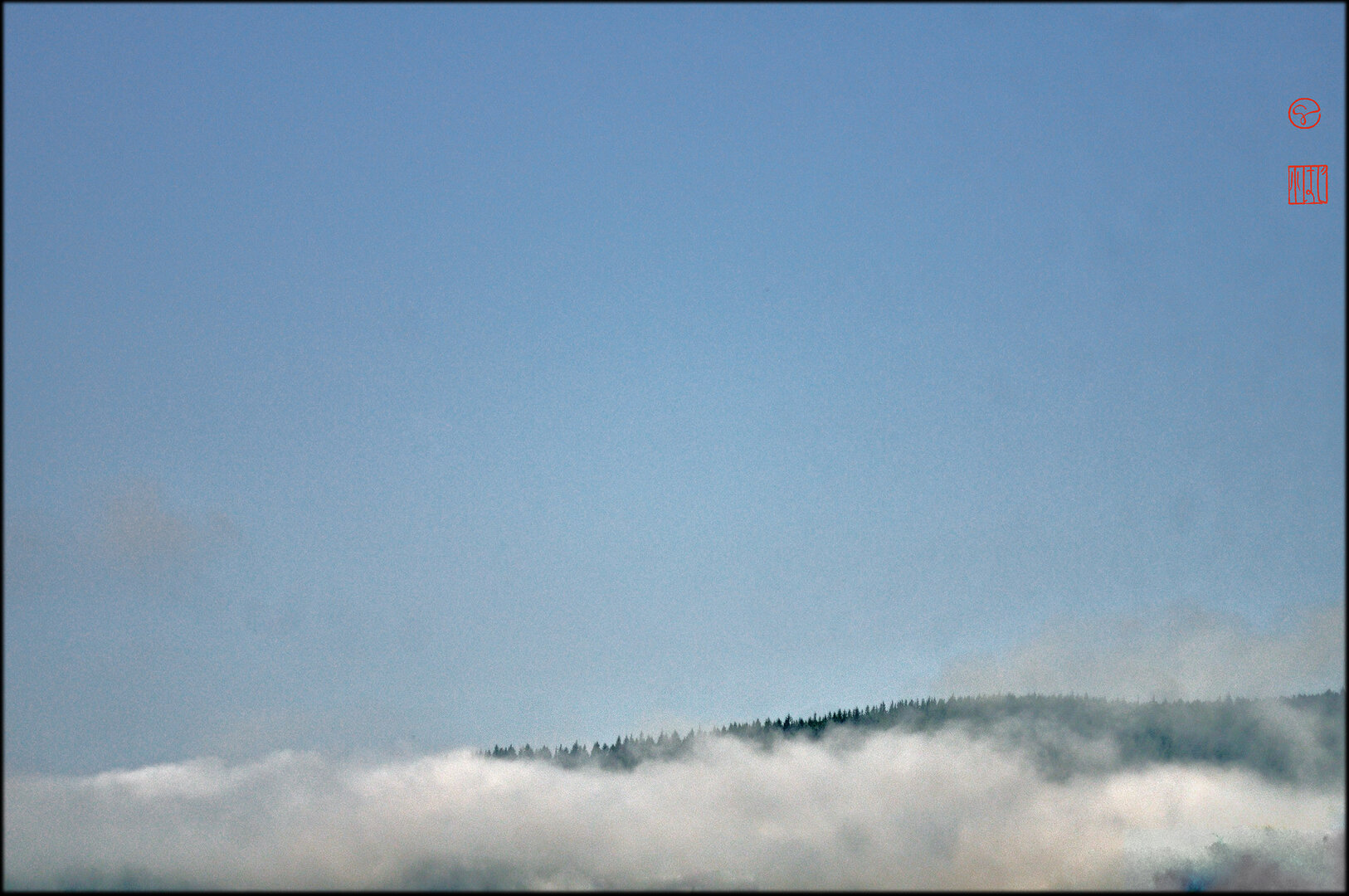 Format paysage - Sous un ciel bleu vif uniforme occupant les 3/4 de la hauteur de l'image, la fine ligne de crête d'une montagne garnie de sapins noirs émerge des nuages vaporeux en contrebas. En haut à droite 2 hanko : G et, au dessous Kohaji en hiragana