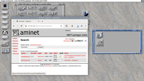 Amiga Pi400 Pi500, Vous pouvez aussi passer les appli linux (ici chrome) par dessus le Workbench avec ALT+TAB. Et ALT+ENTER pour accéder aux applis linux sans quitter l'amiga.Téléchargement Downloads est partagé entre Linux et Amiga