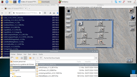 Amiga Pi400, L'affichage en fenêtre permet d'utiliser Linux et Amiga en même temps (à gauche : téléchargement de jeux avec Chromium , à droite : les jeux se retrouvent dans le dossier partagé de l'Amiga))