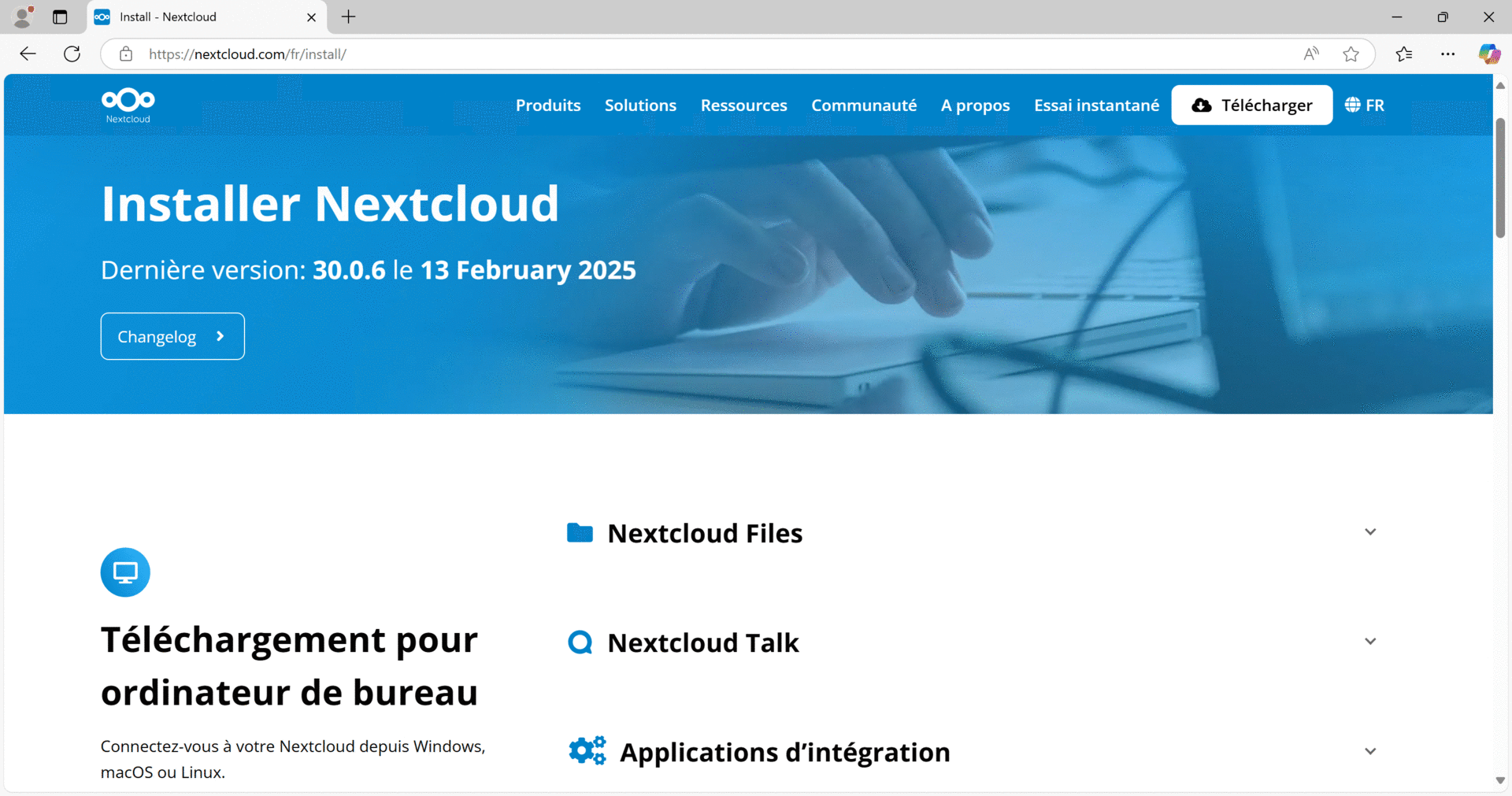 Page de téléchargement du client de synchronisation