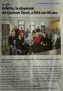 Queven Tarot (archives articles de presse), 2022-10-20_TG-Arlette  90 ans  doyenne de QT