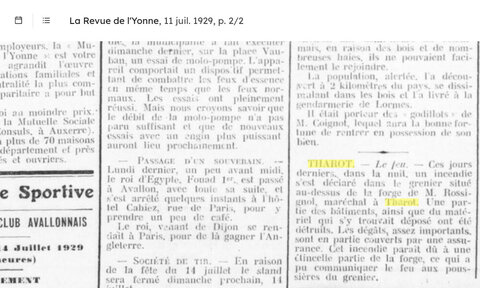 Forge Rossignol - article incendie 1929, CHRONIQUE-1929-Incendie forge Rossignol