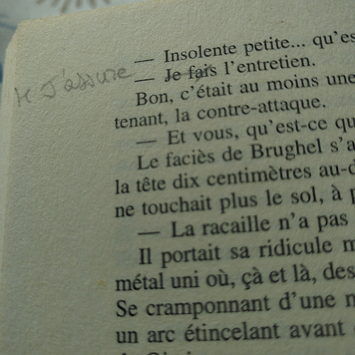 Gros plan sur une page imprimée, la phrase 'Je fais l'entretien' est partiellement barrée et il est ajouté à la main au crayon de papier, dans la marge, 'J'assure'.