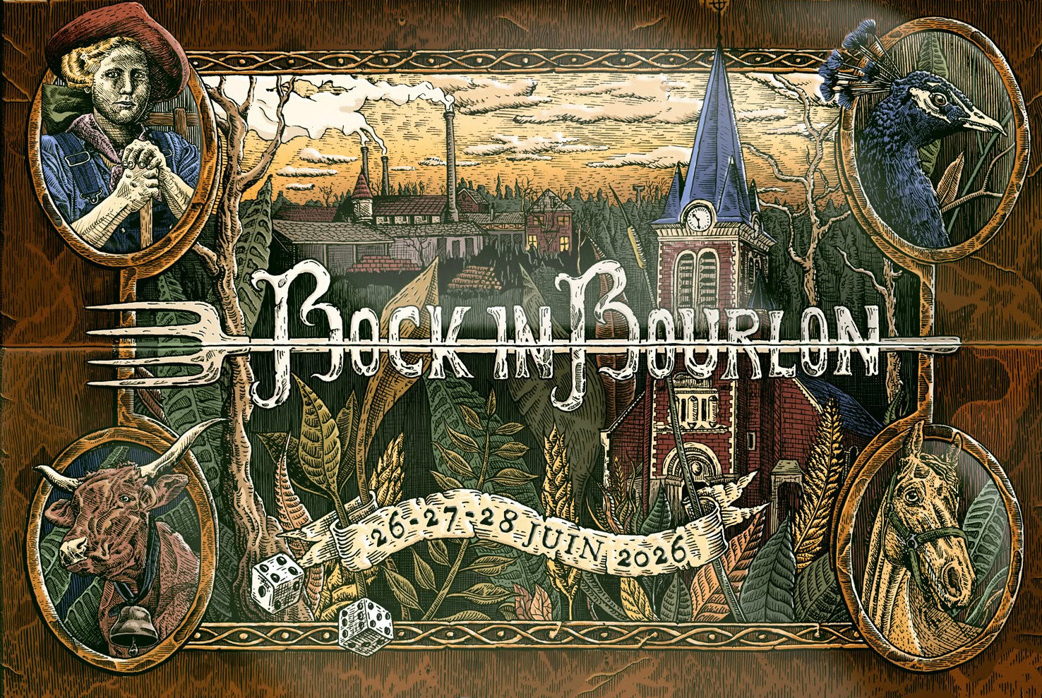 l'affiche de l'édition 2026 du Rock In Bourlon, dessinée par Emgalaï : un coffret en bois à la Jumanji. Sur le coffret, une illustration du village de Bourlon. Au premier plan, une végétation abondante et une paire de dés. Derrière, l'église de Bourlon, une usine, et dans le fond le bois de Bourlon. 4 personnages dans des médaillons entourent le dessin principal : un paysan avec chapeau et foulard, un paon, un cheval avec une bride et une vache la cloche au cou