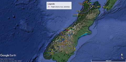 Nouvelle Zélande, novembre à janvier 2019-20, trajet global Nouvelle Zélande  ile du sud